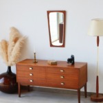 Commode vintage teck et plateau zebrano 4 tiroirs années 60 restaurée