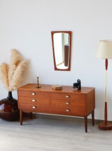 Commode vintage teck et plateau zebrano 4 tiroirs années 60 restaurée