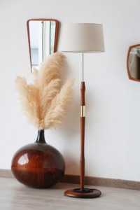 Lampadaire Vintage Scandinave - Bois & Laiton - Abat-jour Neuf Made in France