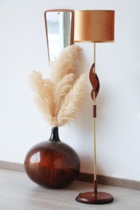 Lampadaire teck et laiton scandinave vintage 1960 - Abat-jour Velours